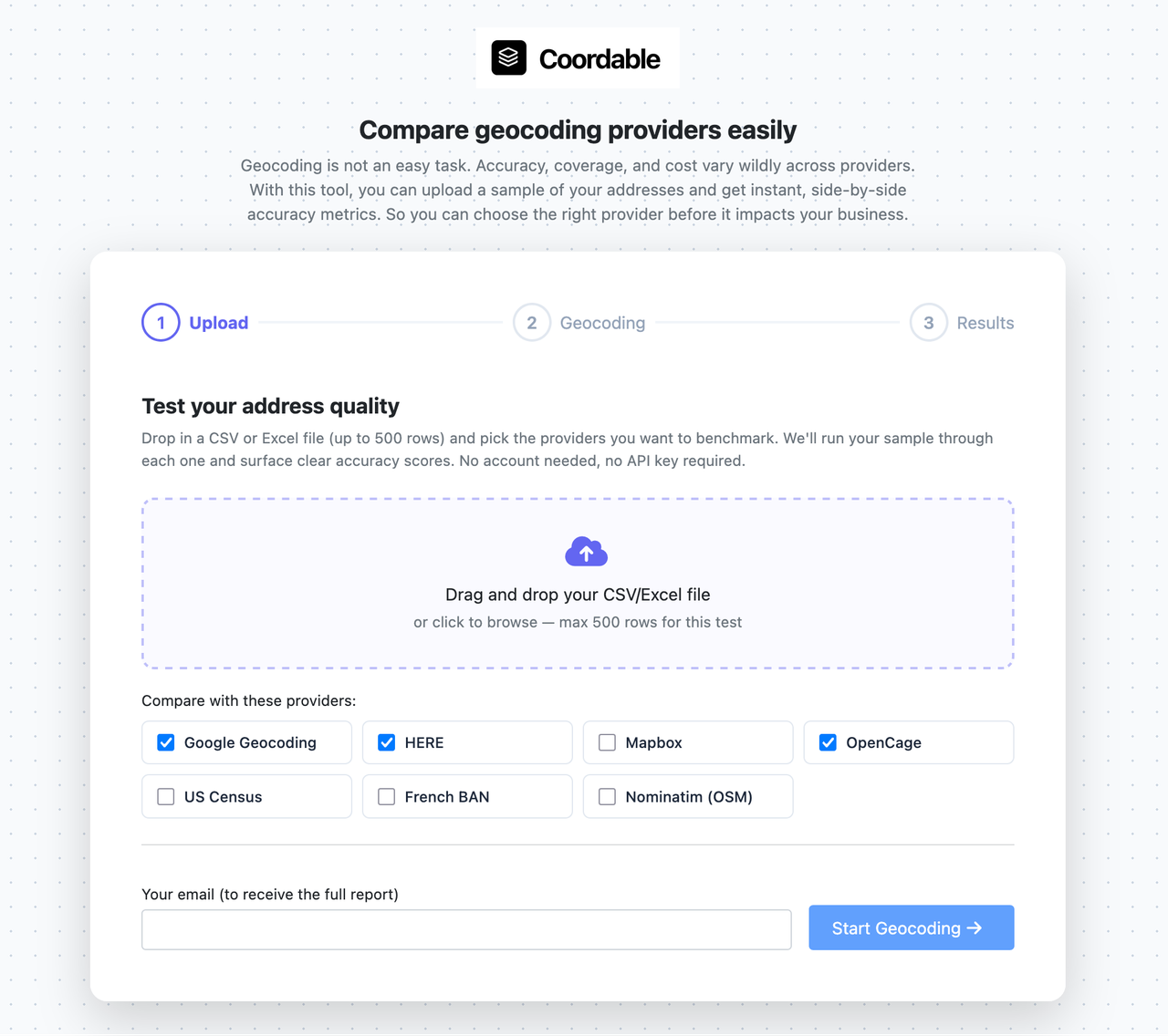 Benchmark tool upload step: drag and drop a CSV, select address columns, pick providers, optional email for the report