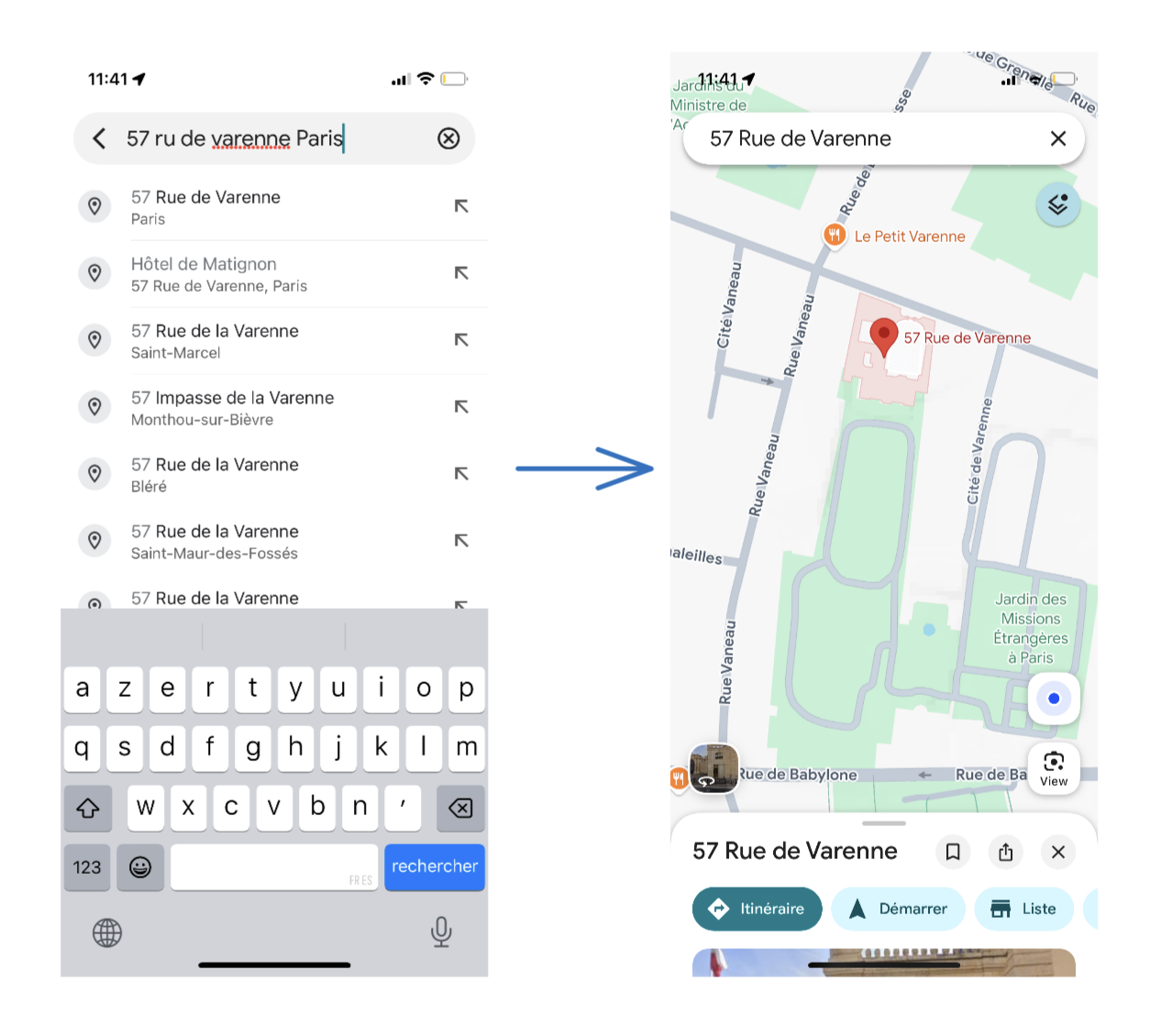 Google Maps search on the phone: 57 Rue de Varenne, Paris, France