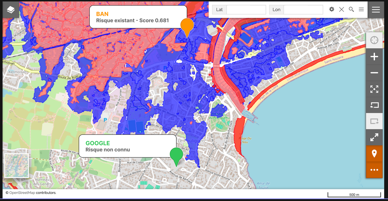 Case 1, Loire-Atlantique: BAN (orange) in flood zone, Google (green) outside. Gap: 1,294 m.