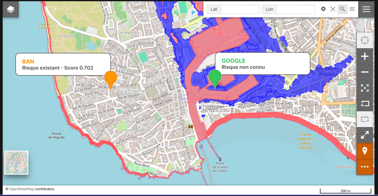 Case 2, Vendée: BAN (orange) outside flood zone, Google (green) inside. Gap: 1,135 m.