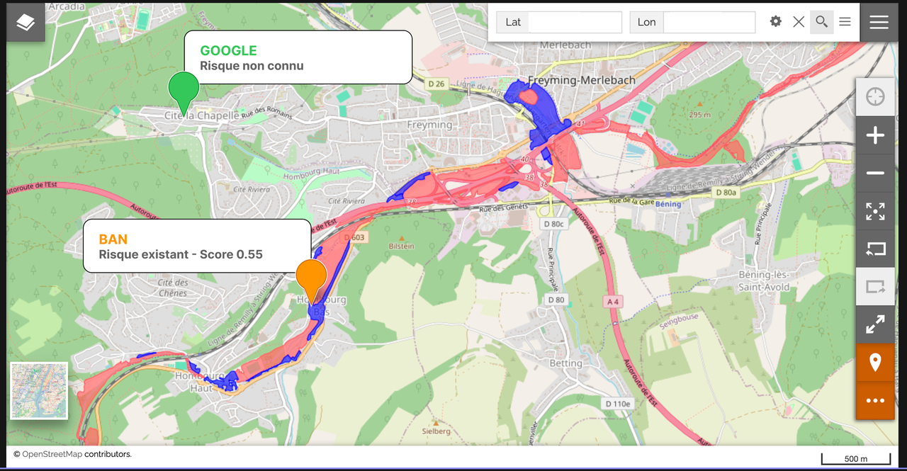 Case 3, Moselle: three addresses (orange = BAN, green = Google) showing the same systematic divergence. Gap: ~1,880 m.