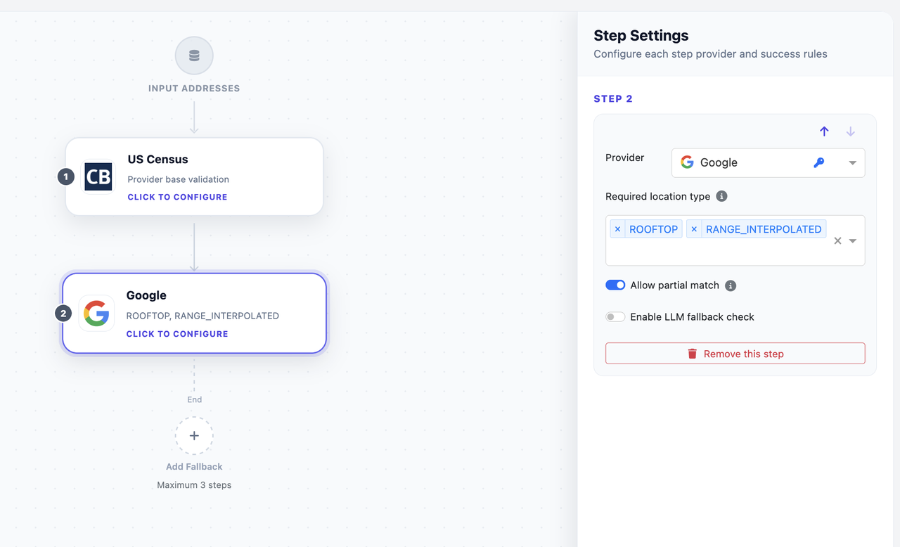 Screenshot of the cascading geocoding workflow in Coordable: US Census as step 1, Google Maps as step 2 with ROOFTOP and RANGE_INTERPOLATED accepted.