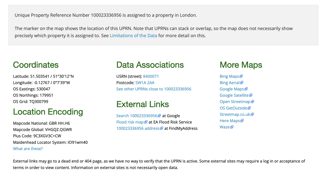 UPRN example showing a property with its unique 12-digit identifier