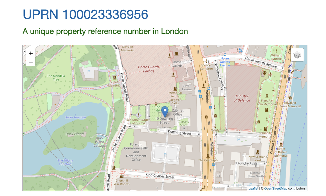 UPRN example showing a property with its unique 12-digit identifier